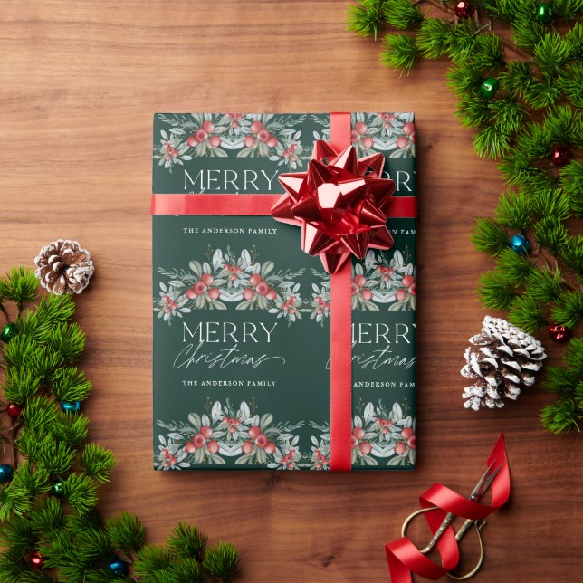 Merry Christmas Elegant Script Greenery Christmas Wrapping Paper (Holiday Gift)