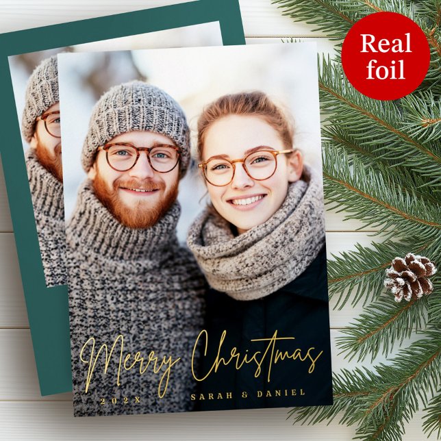 Merry Christmas elegant script pine green photo (Merry Christmas elegant script pine green photo Foil Holiday Card)