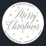 Merry Christmas Elegant Script Return Address Classic Round Sticker<br><div class="desc">Dress up your Christmas envelopes or packages with this festive sticker featuring the words "Merry Christmas" in a beautiful scrip font surrounded by golden stars.  Add your name,  address or custom text to personalise.  Festive and elegant yet simple and classic - perfect for the holidays</div>