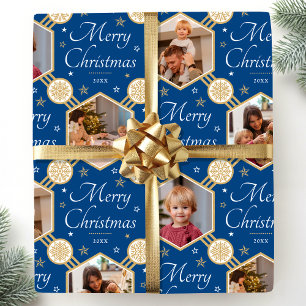 Merry Christmas Elegant Snowflake Photo Blue Wrapping Paper