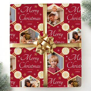 Merry Christmas Elegant Snowflake Photo Deep Red Wrapping Paper