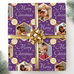 Merry Christmas Elegant Snowflake Photo Purple Wrapping Paper