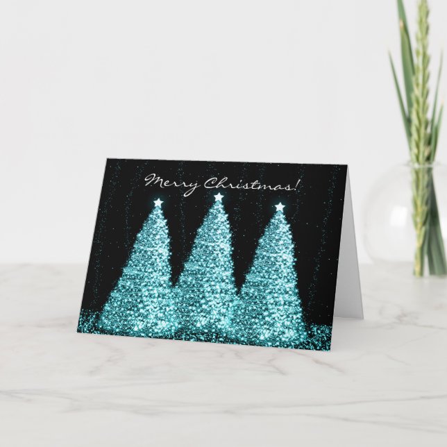 Merry Christmas Elegant Turquoise Sparkle Trees Holiday Card (Front)