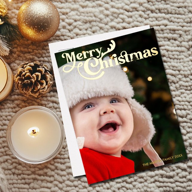 Merry Christmas Elegant Typography Full Photo Gold Foil Holiday Postcard (Creator Uploaded)