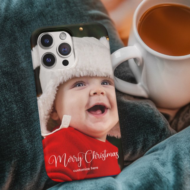 Merry Christmas Elegant White Typography Photo iPhone Case (Creator Uploaded)