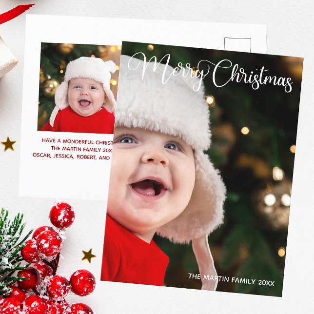 Merry Christmas Elegant White Typography Photo Postcard (Creator Uploaded)