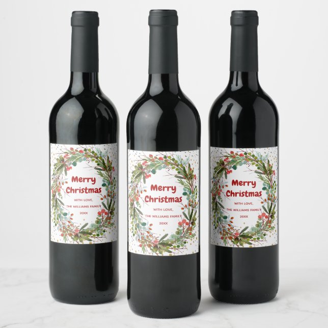 Merry Christmas Elegant Wreath  Wine Label (Bottles)