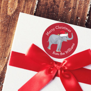 Merry Christmas Elephant in Santa Hat Cute Red Classic Round Sticker