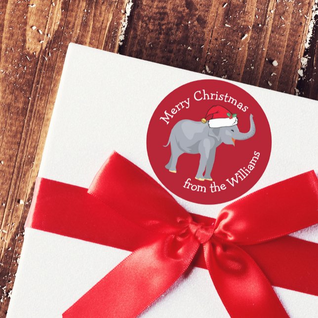 Merry Christmas Elephant in Santa Hat Cute Red  Classic Round Sticker (Creator Uploaded)