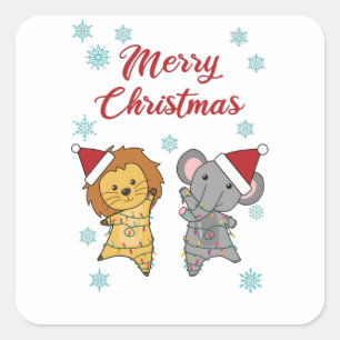 Merry Christmas Elephant Lion Snow Winter Zoo Square Sticker
