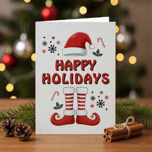 Merry Christmas Elf Boots Santa Claus Hat White Holiday Card