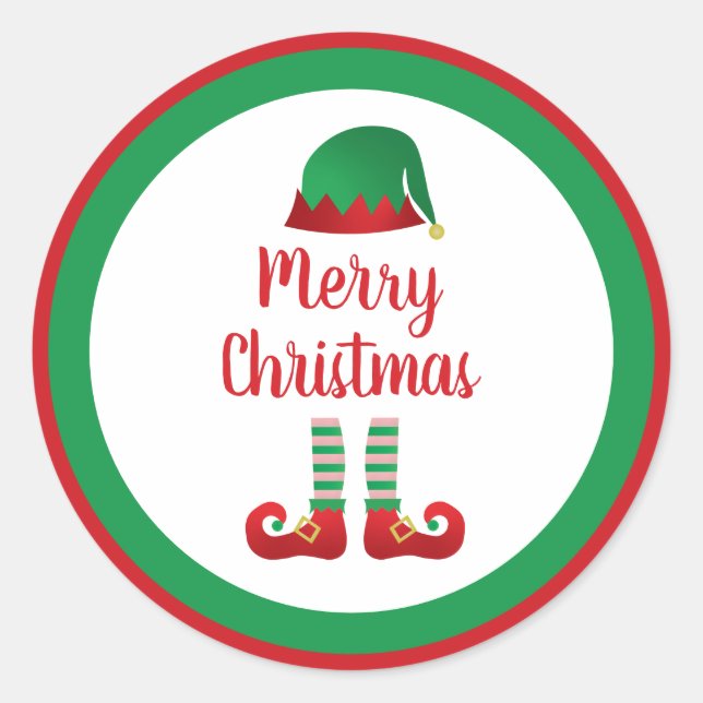 Merry Christmas Elf Outfit Red Typography Classic Round Sticker (Front)