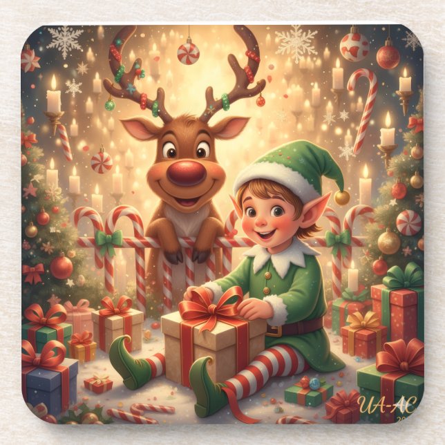Merry Christmas Elf & Rentier Coaster (Front)