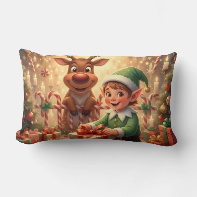 Merry Christmas Elf & Rentier Lumbar Cushion (Front)