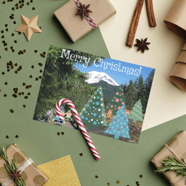 Merry Christmas Elves and Decorated Trees Holiday Card (In Situ)