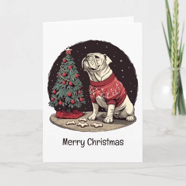 Merry Christmas English Bulldog Christmas Tree Holiday Card (Front)