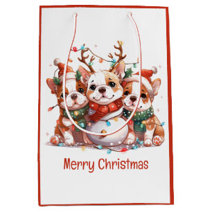 Merry Christmas English Bulldog Reindeer Santa Medium Gift Bag