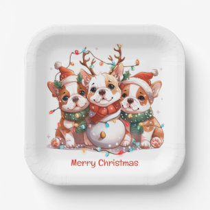 Merry Christmas English Bulldog Reindeer Santa Paper Plate