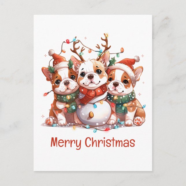 Merry Christmas English Bulldog Reindeer Santa Postcard (Front)