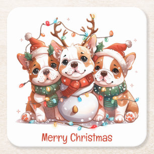 Merry Christmas English Bulldog Reindeer Santa Square Paper Coaster