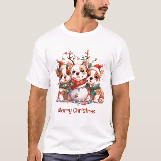 Merry Christmas English Bulldog Reindeer Santa T-Shirt (Front)