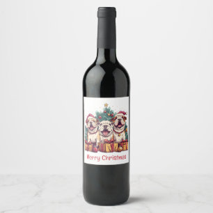Merry Christmas English Bulldog Santa Hats Wine Label
