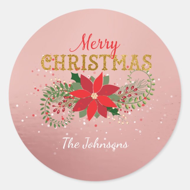 Merry Christmas English Rose Gold Glass Classic Round Sticker (Front)