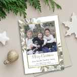 Merry Christmas Eucalyptus & Golden Pine Photo Holiday Card<br><div class="desc">This beautiful holiday card features a gorgeous design with your photo surrounded by hand painted watercolor pine branches and eucalyptus leaves in shades of sage green and gold. There is a faux foil gold frame with the caption: Merry Christmas in lacy golden calligraphy. Below is space for a short note...</div>