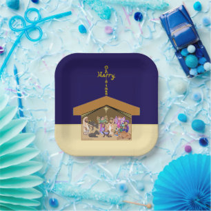 Merry Christmas Fabric Font Cross Over Nativity Paper Plate