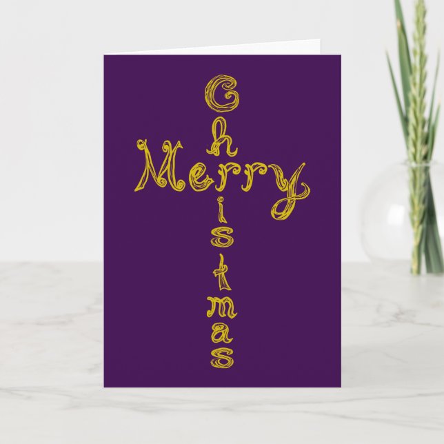Merry Christmas Fabric Font Gold Cross Card (Front)