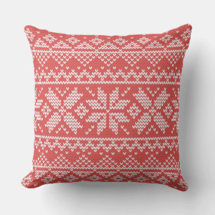 Merry Christmas Fair Isle Snowflakes White & Red Cushion