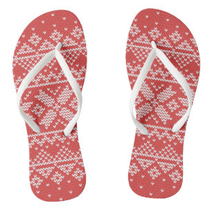 Merry Christmas Fair Isle Snowflakes White & Red Jandals