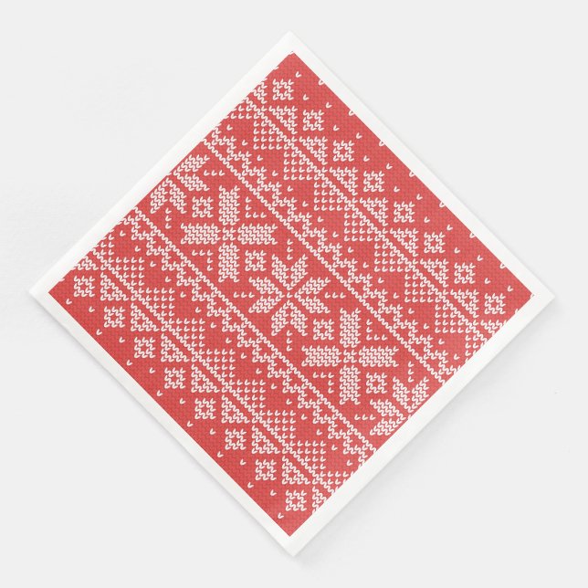 Merry Christmas Fair Isle Snowflakes White & Red Napkin (Corner)