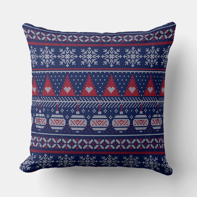 Merry Christmas Fairisle Knitting Pattern Red Blue Cushion (Front)