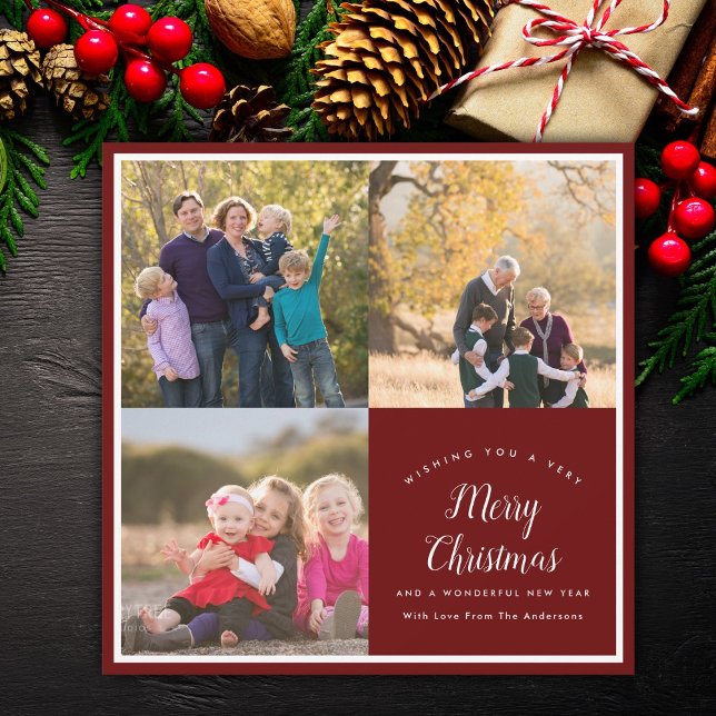 Merry Christmas Family 3 Photo Collage Festive Holiday Card (Creator Uploaded)