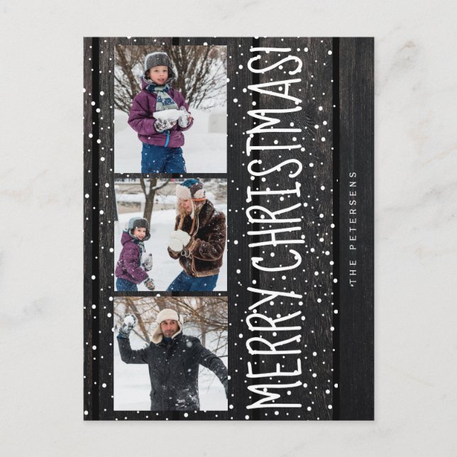 Merry Christmas family 3 photo collage rustic Holiday Postcard (Front)