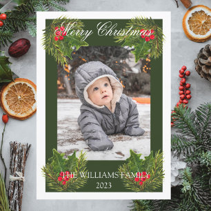 Merry Christmas Family Baby Photo Watercolor Holiday Card