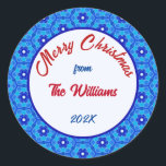 Merry Christmas Family Blue Tile Classic Round Sticker<br><div class="desc">Customise your own Christmas stickers with this lovely template with a flower tile background in blue hues. The family name and the year are editable.</div>