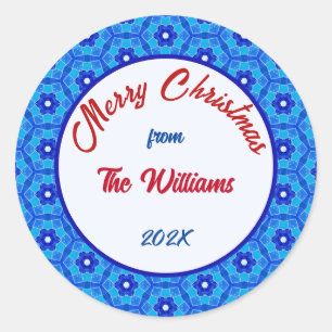Merry Christmas Family Blue Tile Classic Round Sticker