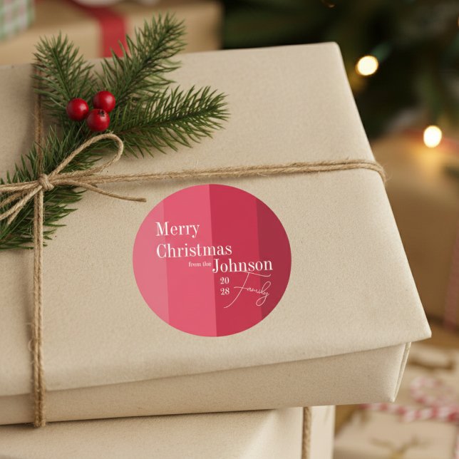 Merry Christmas Family Christmas Red Stripe Classic Round Sticker (Creator Uploaded)