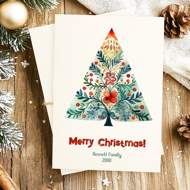 Merry Christmas family Christmas tree card (Send warmth this Christmas with a Scandinavian-style watercolor tree card 🎄🎁)