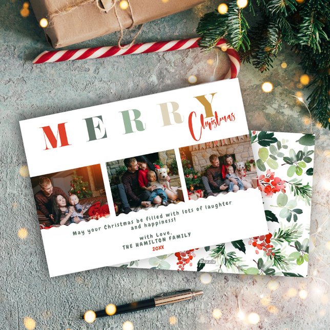Merry Christmas Family Collage Colourful Typograph Holiday Card (Creator Uploaded)