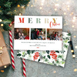 Merry Christmas Family Collage Colourful Typograph Holiday Card<br><div class="desc">A minimalist family photo collage design with a modern typography in pops of festive red,  green,  and caramel colour. A colourful holly greenery branches adorn the back of the card.  The ideal greeting for family and friends this holiday season.</div>