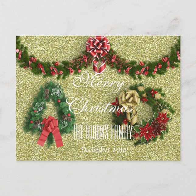 Merry Christmas Family December 2016 Wreath Gold Holiday Postcard (Front)