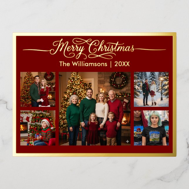 Merry Christmas Family Five Photo Red Foil Holiday Postcard (Front)