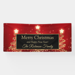 Merry Christmas Family Gold Red Sparkling Trees Banner