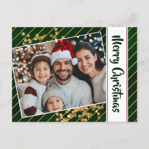 Merry Christmas Family Green And Gold Stripes  Holiday Postcard