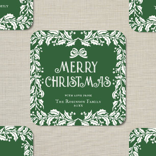 Merry Christmas Family Green Garland Square Sticker
