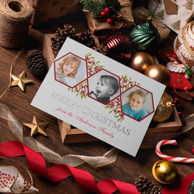 Merry Christmas Family Greetings Photo Foil Holiday Postcard (Creator Uploaded)