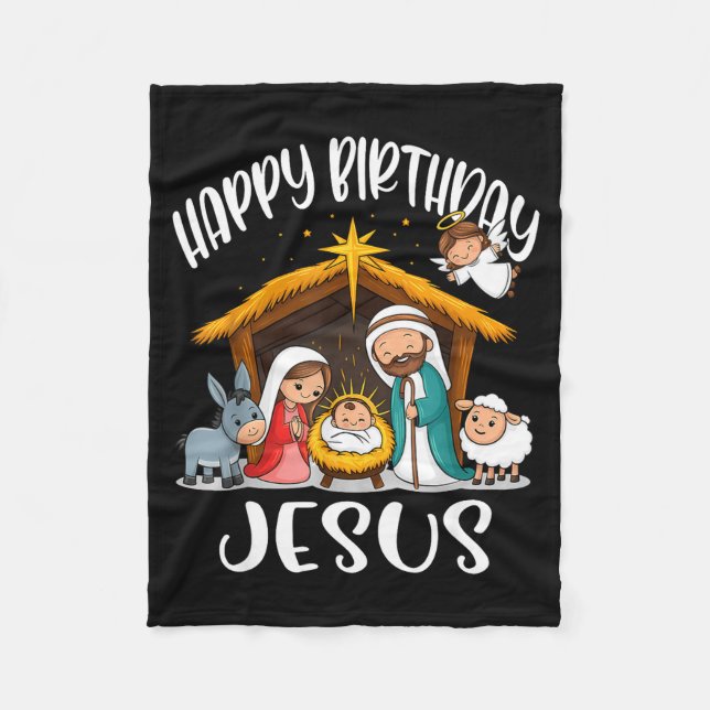 Merry Christmas Family Kid Nativity Happy Birthday Fleece Blanket (Front)